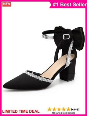 Pointed Toe Chunky Block Heel Pumps with Bow Ankle Strap